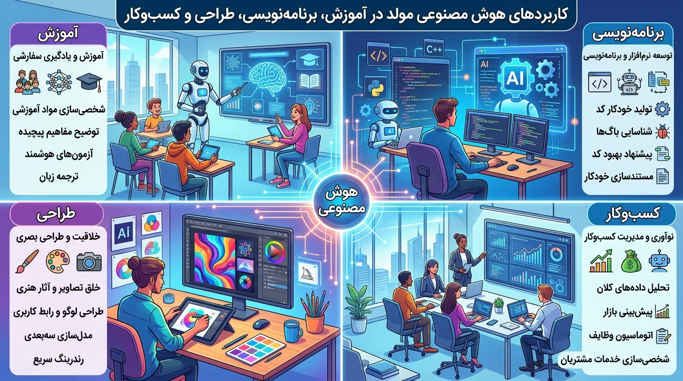 کاربردهای هوش مصنوعی مولد در آموزش، برنامه‌نویسی، طراحی و کسب‌وکار