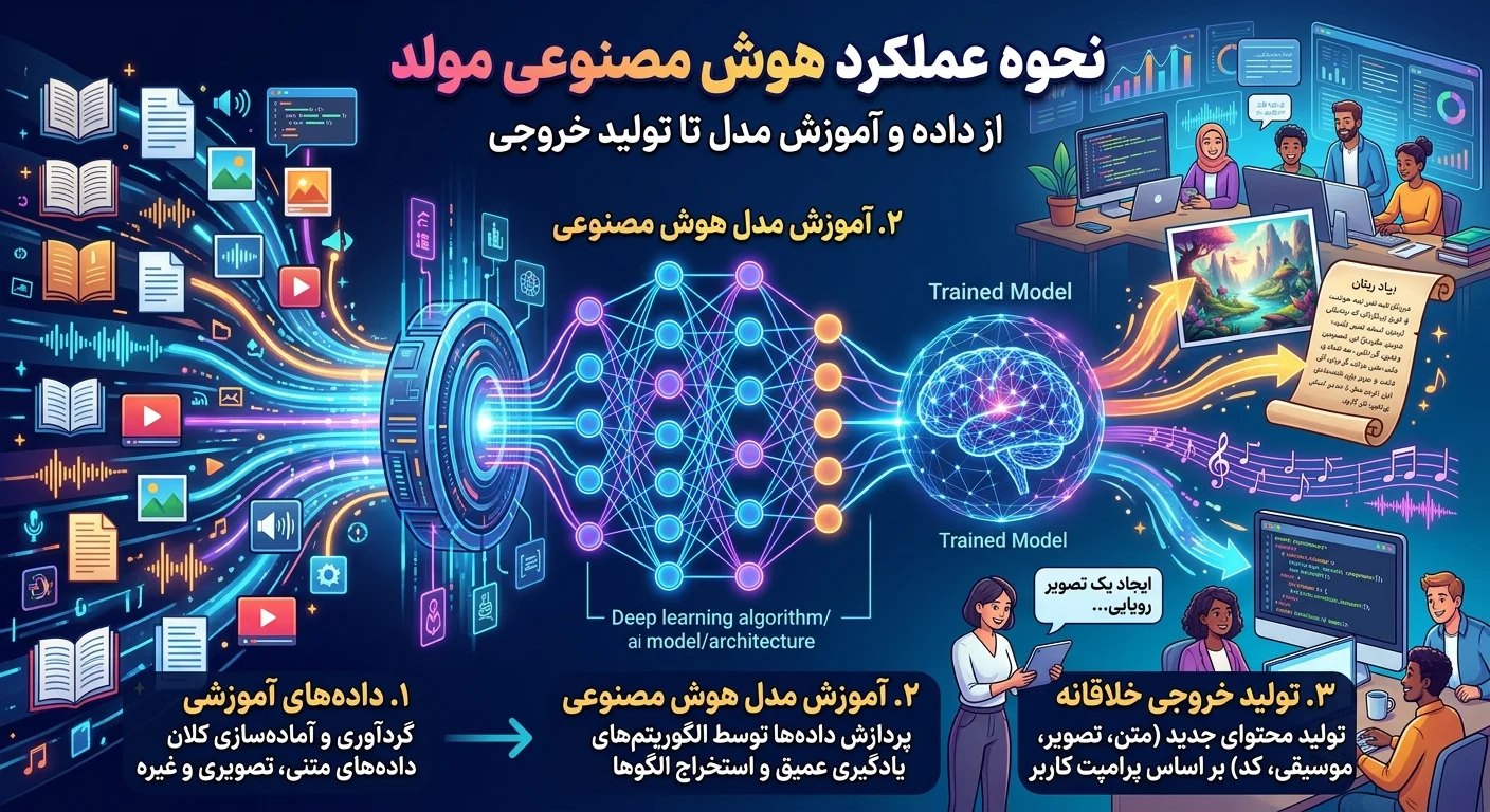 نحوه عملکرد هوش مصنوعی مولد از داده و آموزش مدل تا تولید خروجی